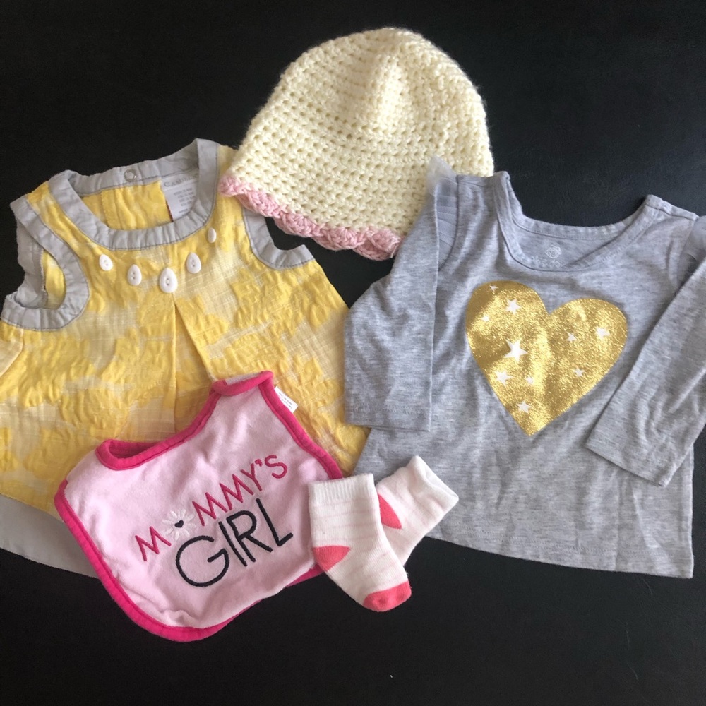 CAMILLA Girls gold, gray & yellow dress & top and with free bib and Sock…